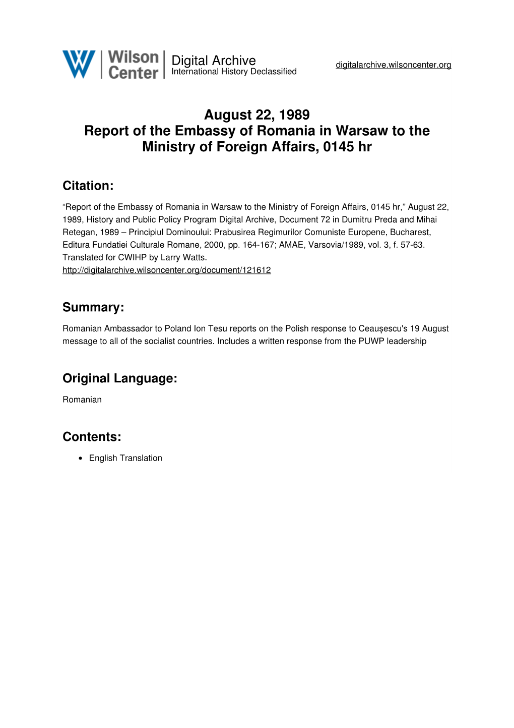 August 22, 1989 Report of the Embassy of Romania in Warsaw to the Ministry of Foreign Affairs, 0145 Hr