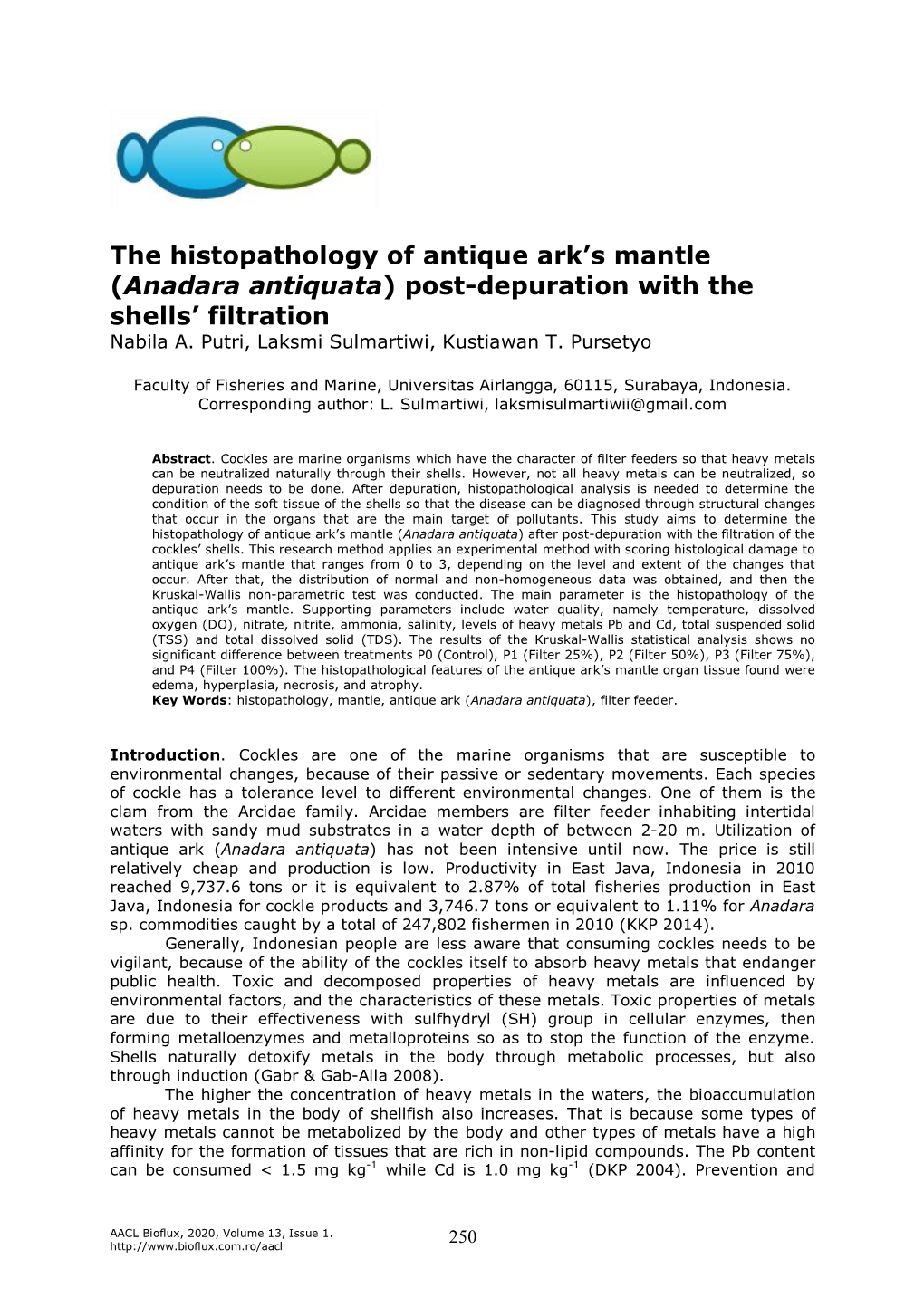 The Histopathology of Antique Ark's Mantle (Anadara Antiquata) Post