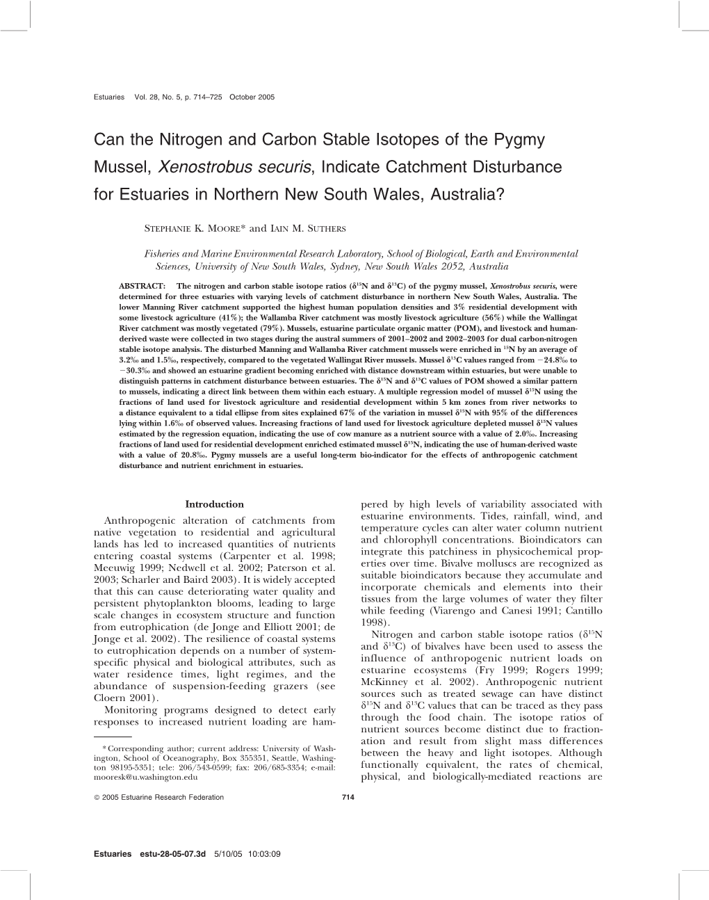 Can the Nitrogen and Carbon Stable Isotopes of the Pygmy Mussel, Xenostrobus Securis, Indicate Catchment Disturbance for Estuari