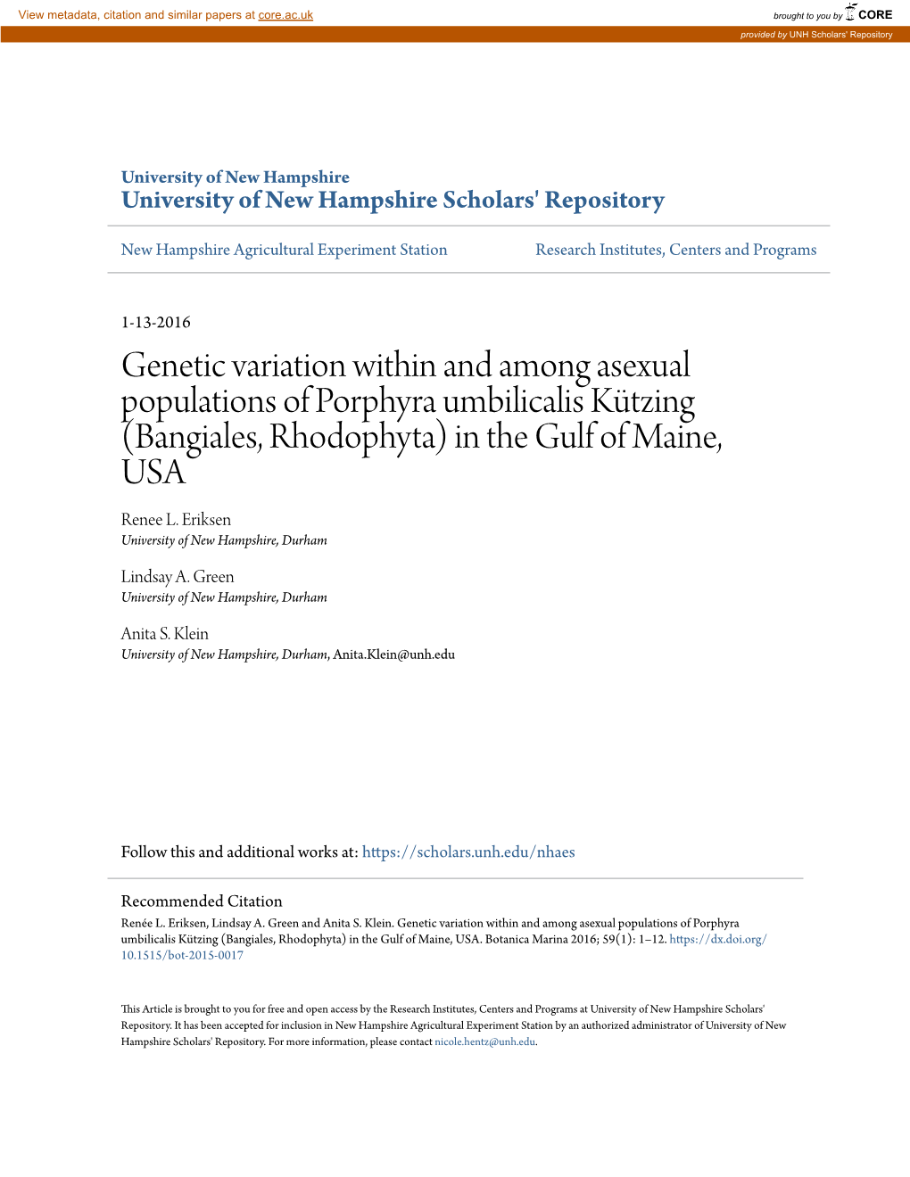 Genetic Variation Within and Among Asexual Populations of Porphyra Umbilicalis Kützing (Bangiales, Rhodophyta) in the Gulf of Maine, USA Renee L