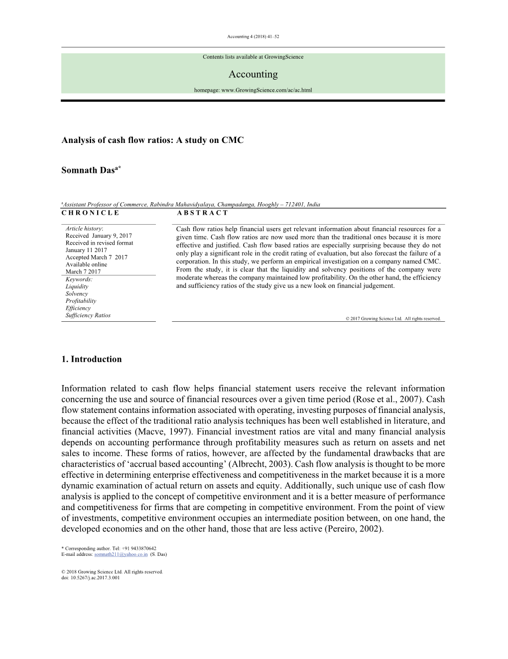 Analysis of Cash Flow Ratios: a Study on CMC