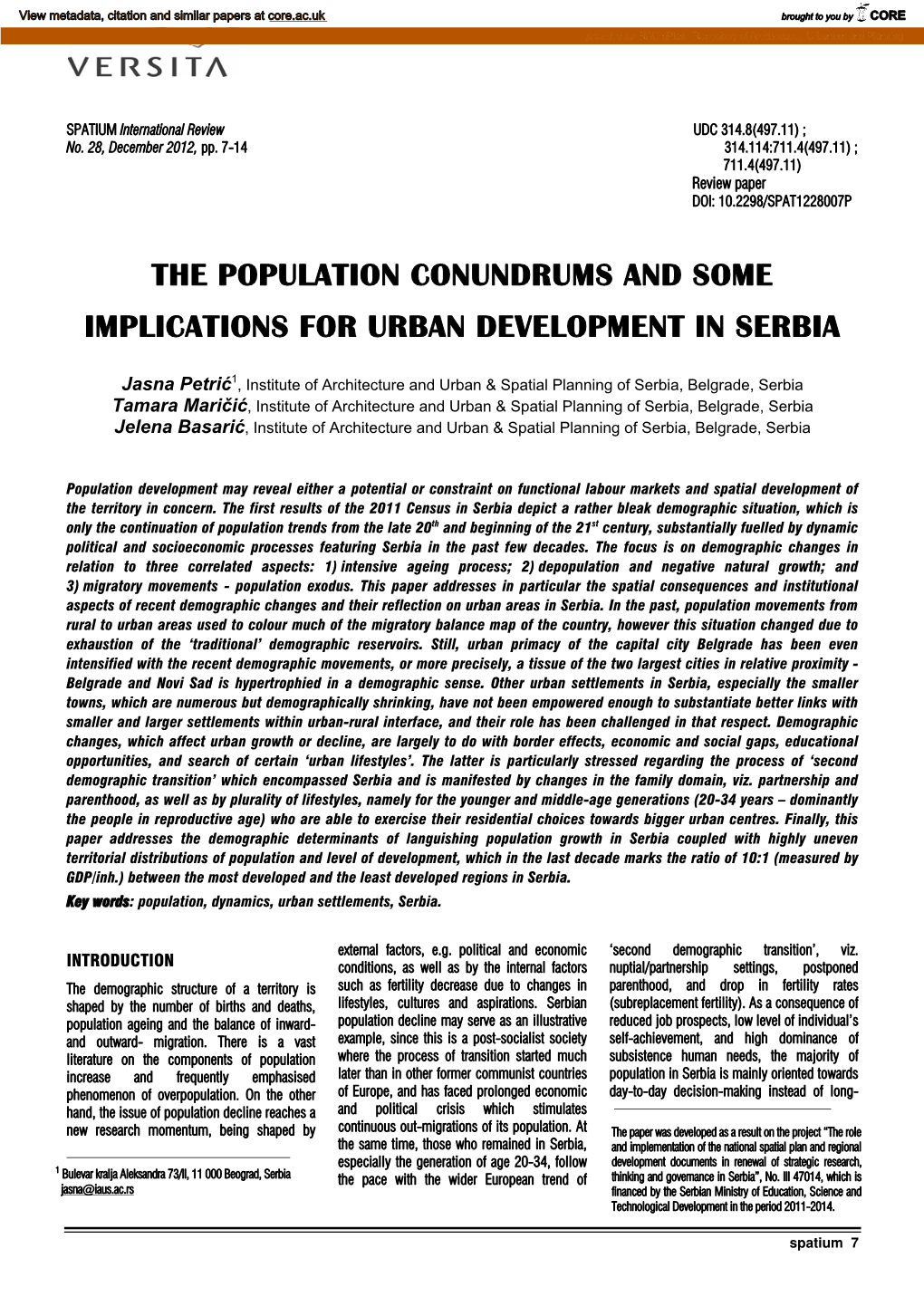 The Population Conundrums and Some Implications for Urban Development in Serbia