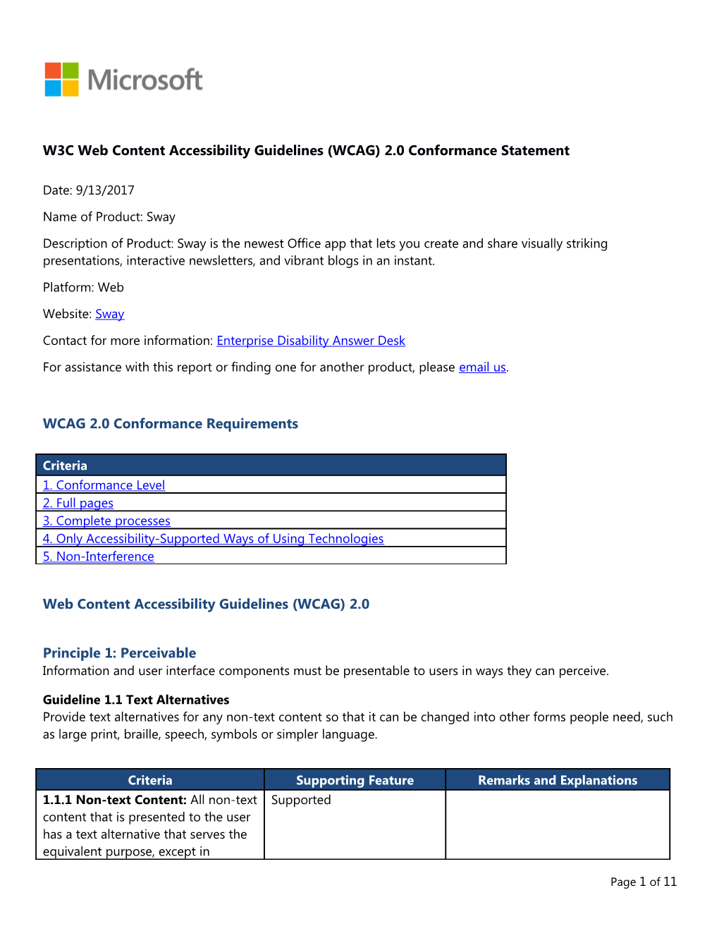 W3C Web Content Accessibility Guidelines (WCAG) 2.0 Conformance Statement Date: 9/13/2017 s1