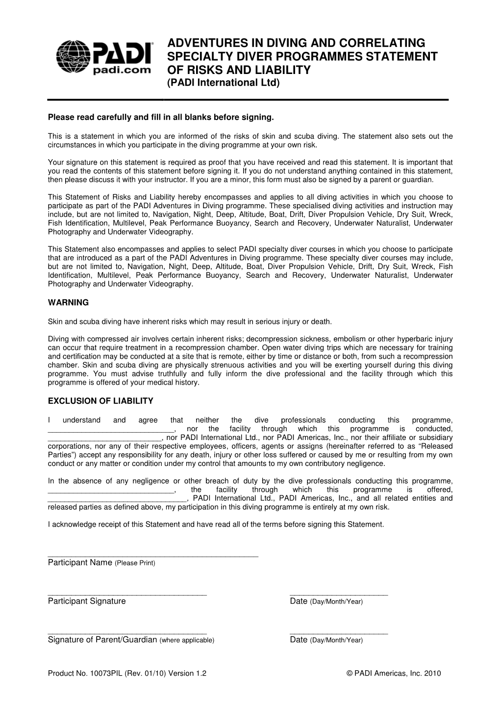 Adventures in Diving and Correlating Specialty Diver Programmes Statement of Risks and Liability