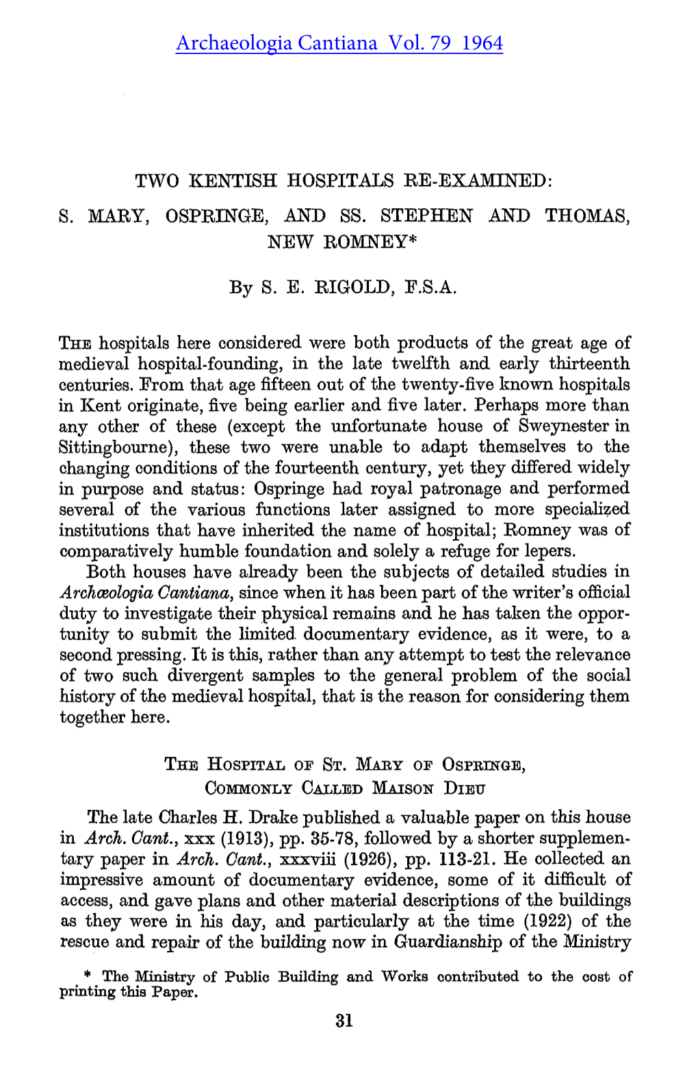 Two Kentish Hospitals Re-Examined: S. Mary, Ospringe, and Ss. Stephen and Thomas, New Romney*