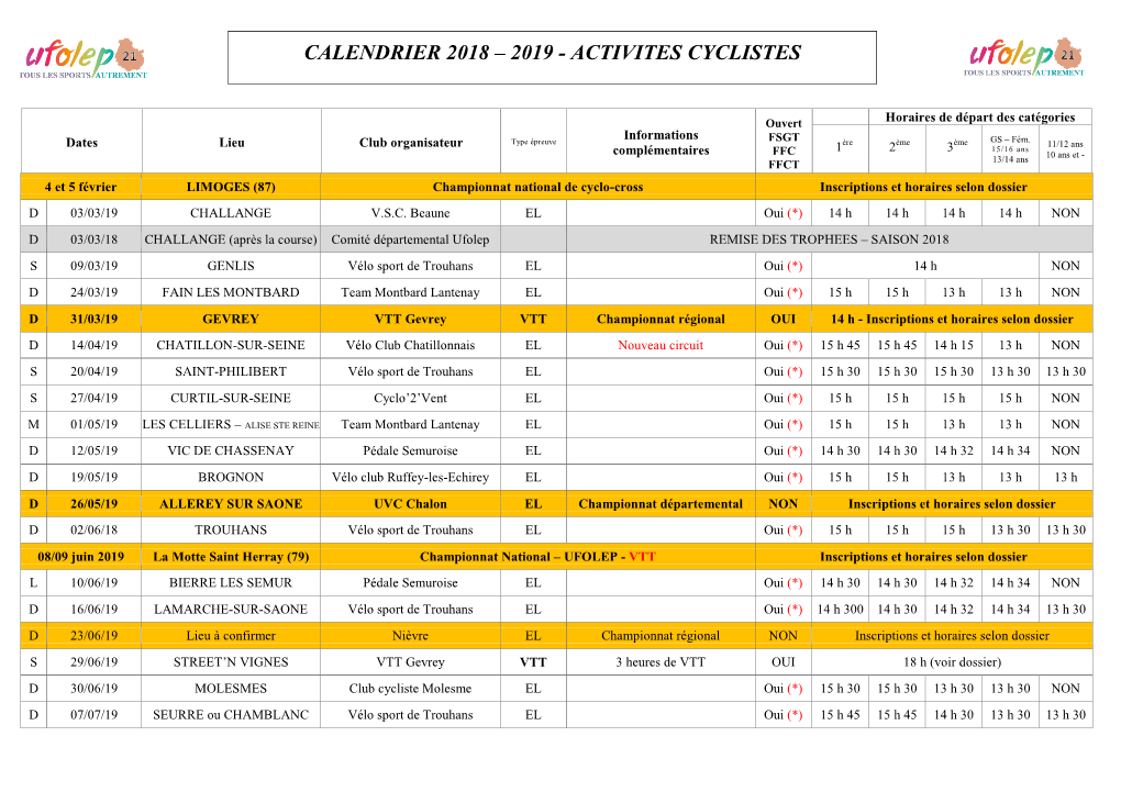 Calendrier 2018 – 2019 - Activites Cyclistes