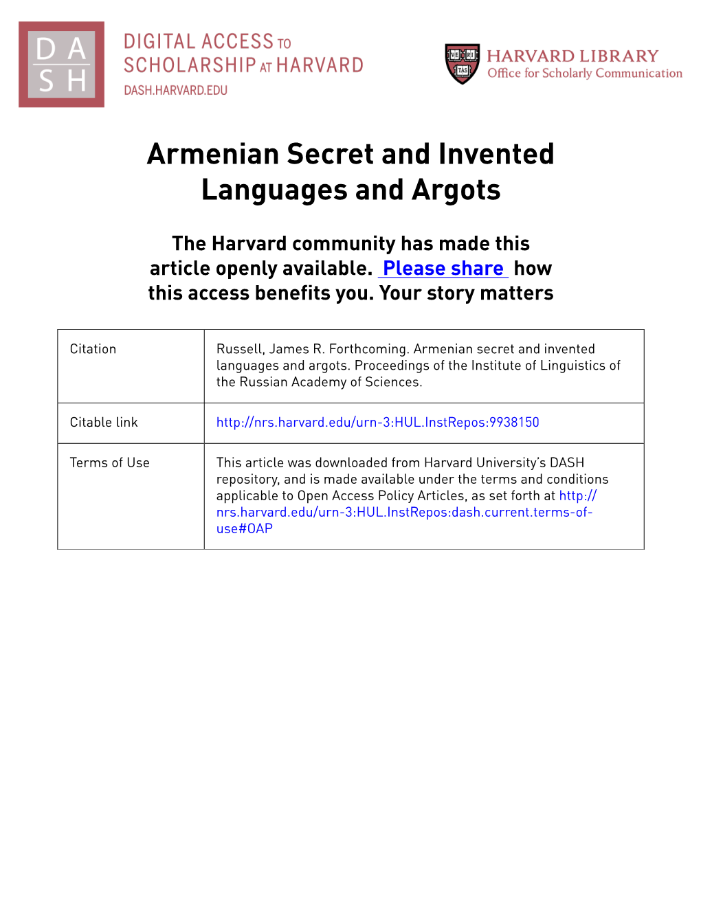 Armenian Secret and Invented Languages and Argots