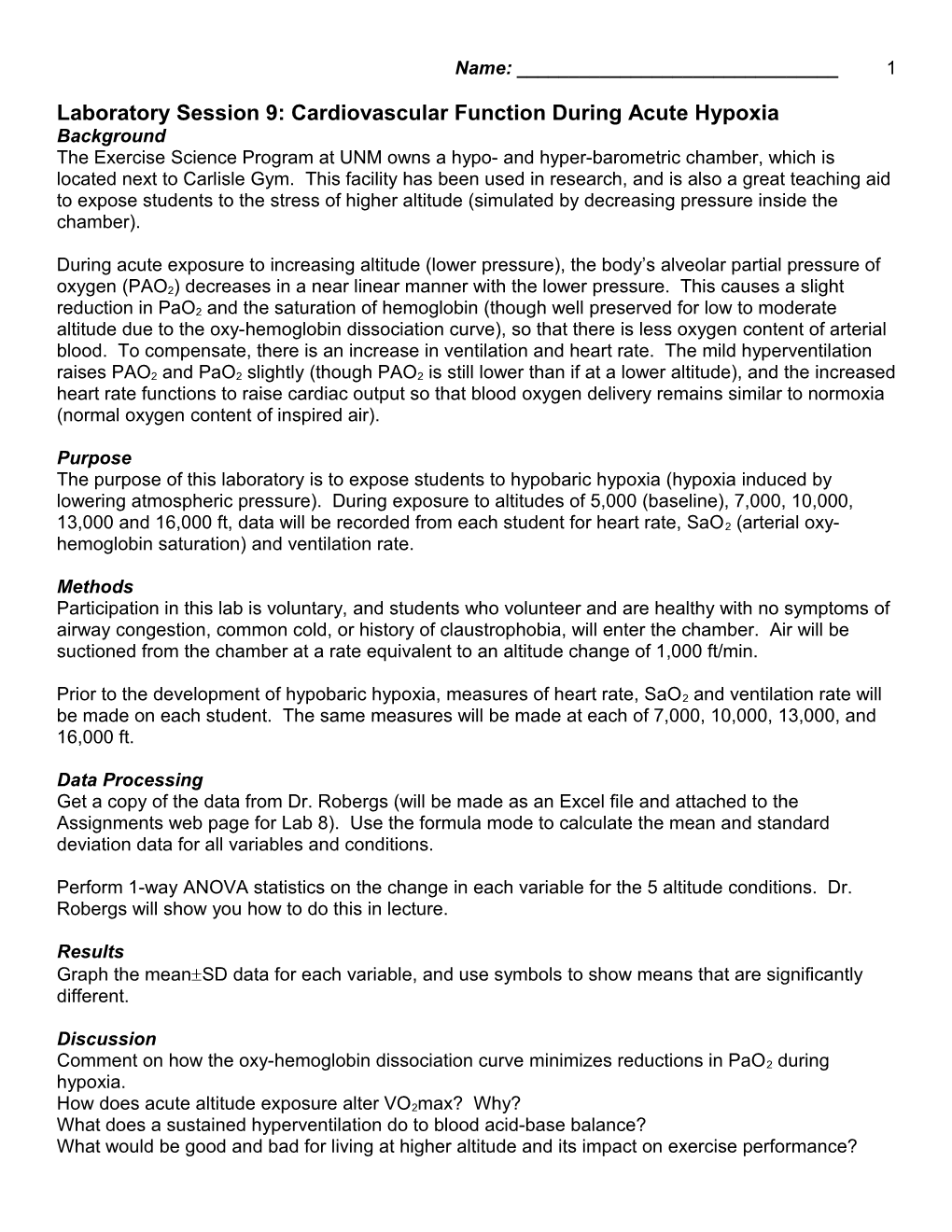 Laboratory Session 9: Cardiovascular Function During Acute Hypoxia
