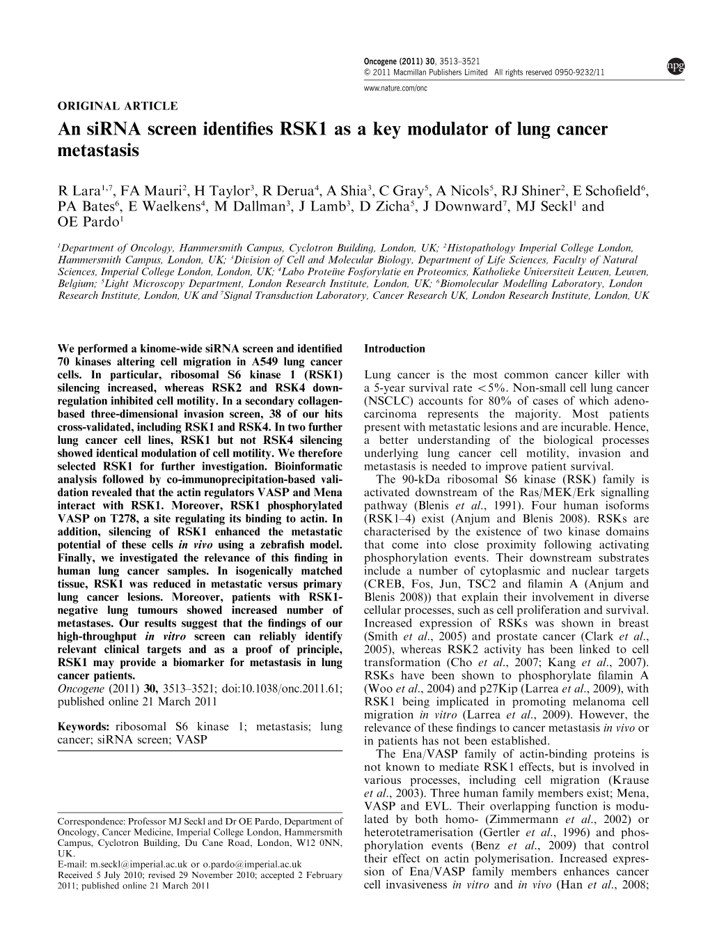 An Sirna Screen Identifies RSK1 As a Key Modulator of Lung Cancer