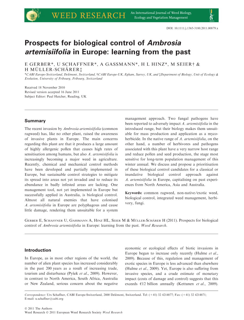 Prospects for Biological Control of Ambrosia Artemisiifolia in Europe: Learning from the Past