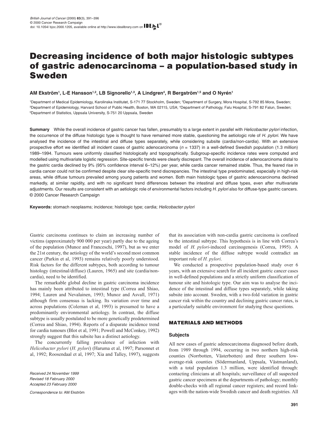 Decreasing Incidence of Both Major Histologic Subtypes Of