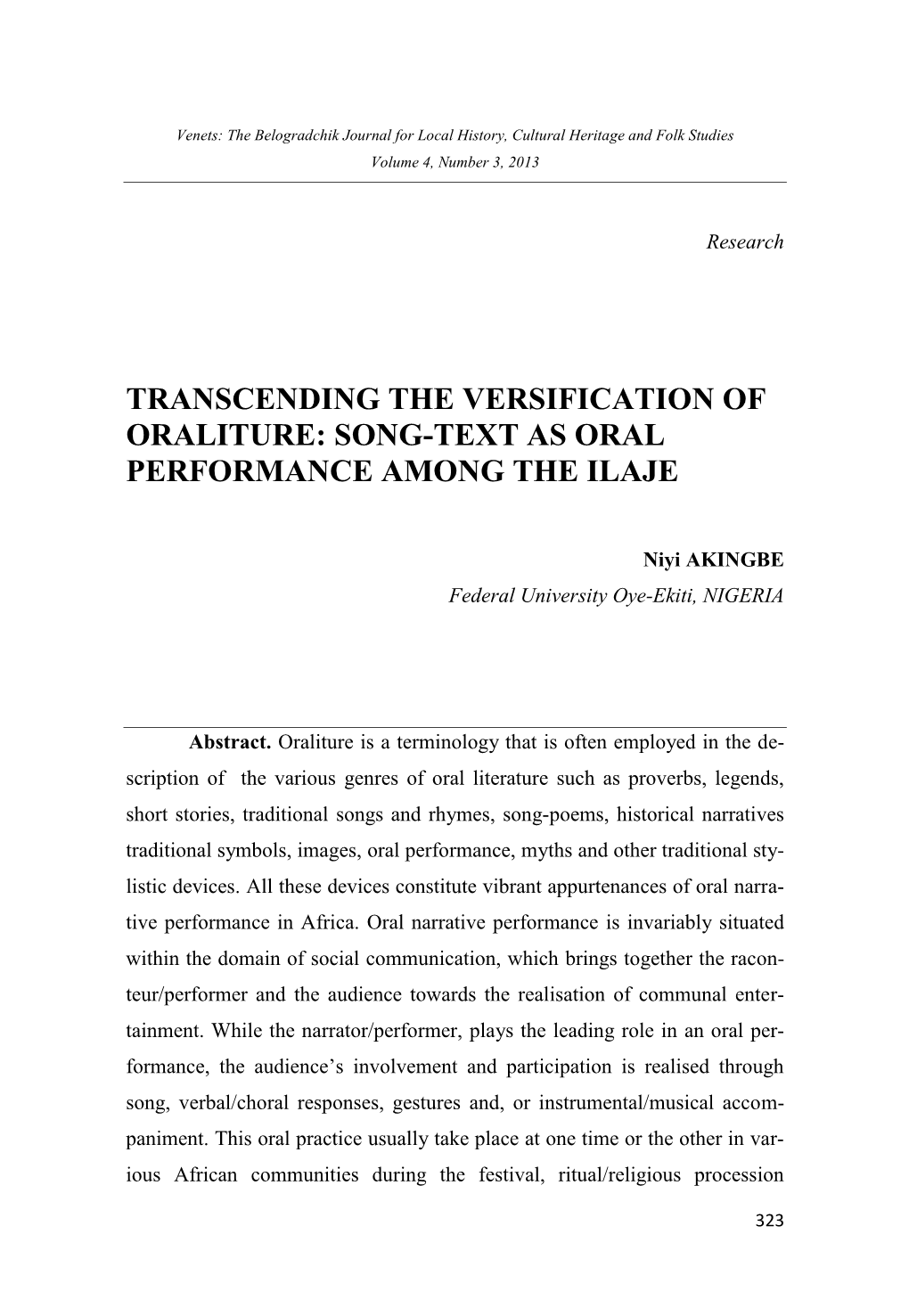 Transcending the Versification of Oraliture: Song-Text As Oral Performance Among the Ilaje