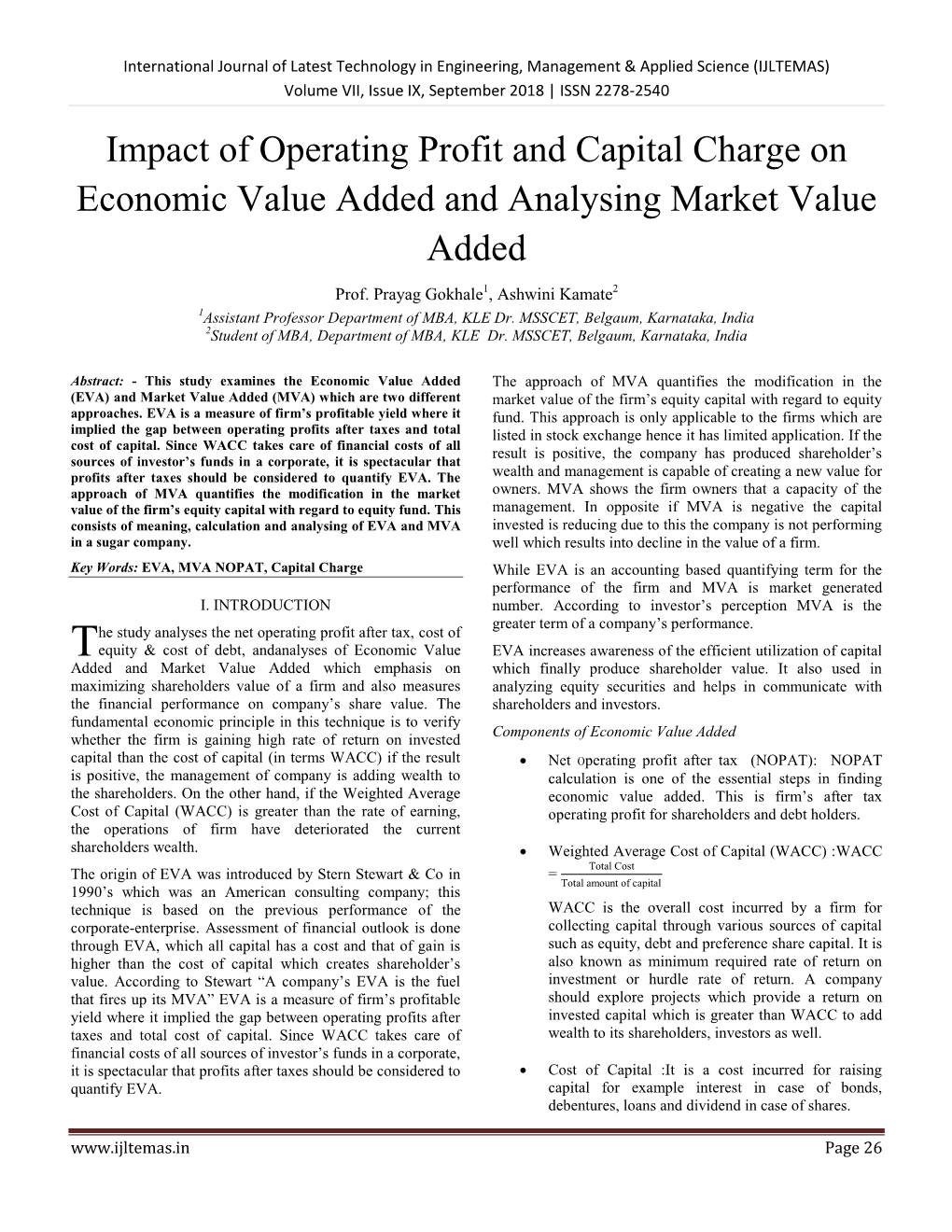 Impact of Operating Profit and Capital Charge on Economic Value Added and Analysing Market Value Added