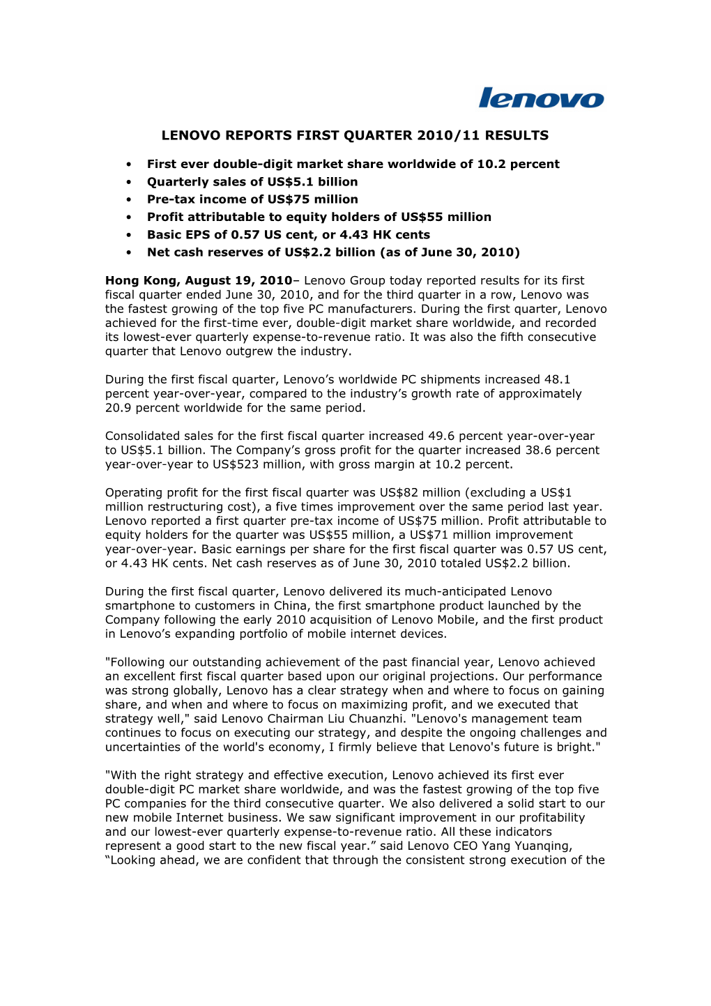 Lenovo Earnings 1Q April-June 2010 Press Release ENG Final