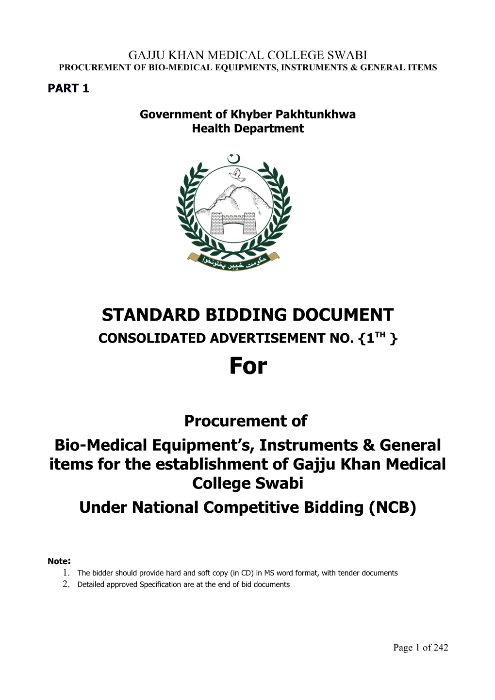 Procurement of CMW Kits for MNCH Programme, Khyber Pakhtunkhwa