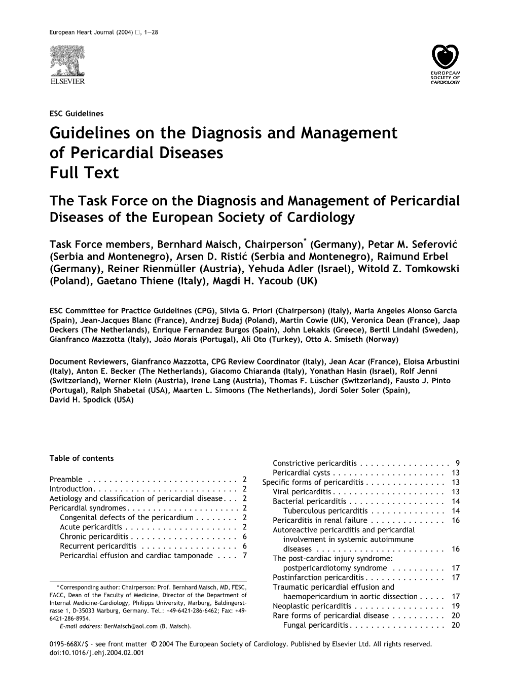 Guidelines on the Diagnosis and Management of Pericardial