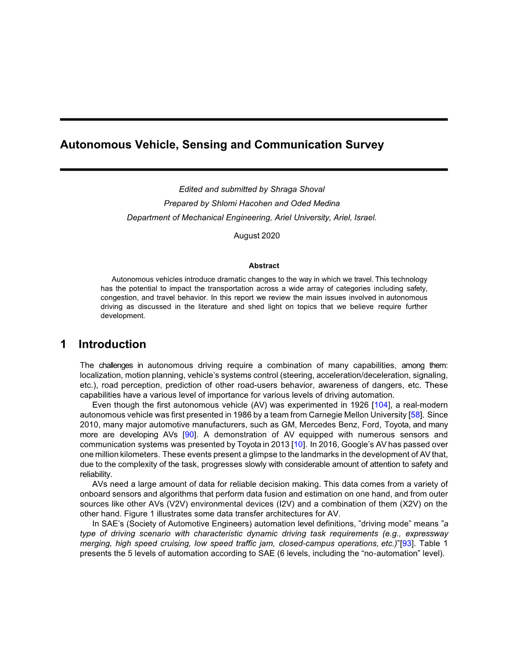 Autonomous Vehicle, Sensing and Communication Survey 1 Introduction