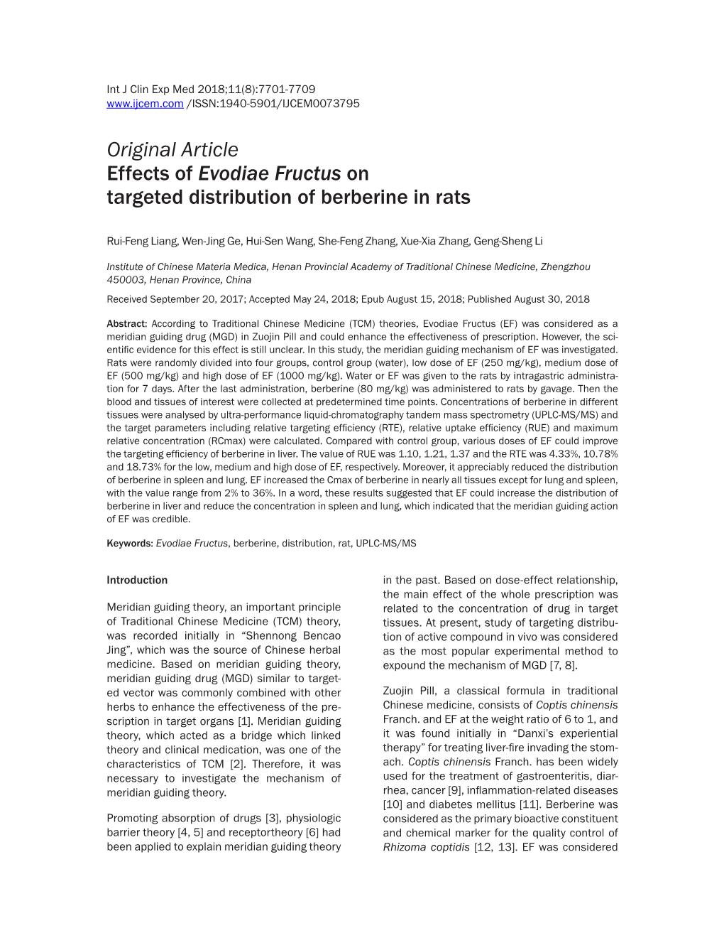 Evodiae Fructus on Targeted Distribution of Berberine in Rats