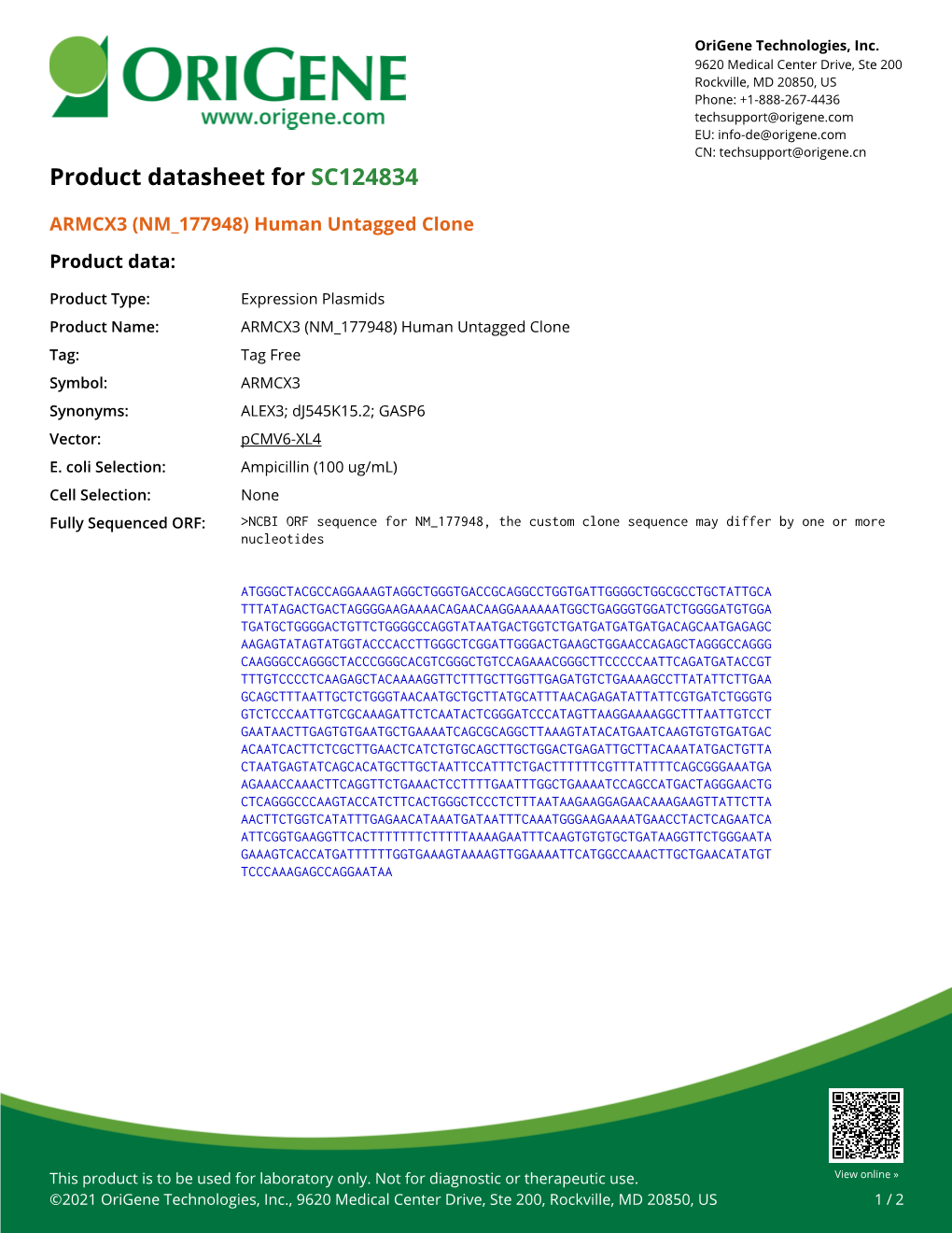 ARMCX3 (NM 177948) Human Untagged Clone – SC124834