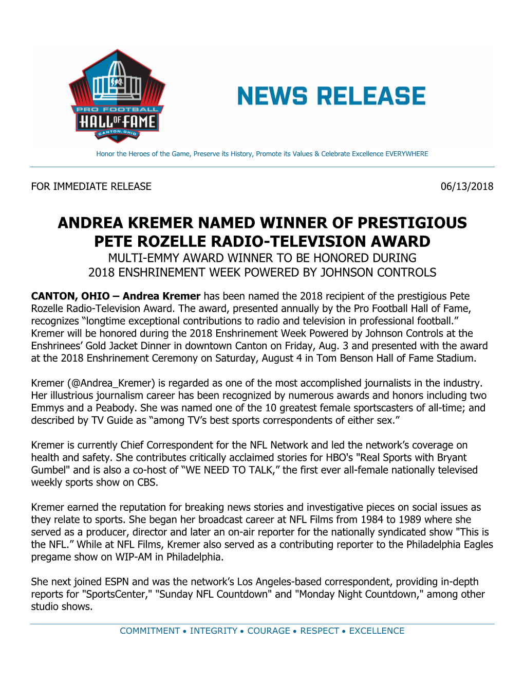 Andrea Kremer Named Winner of Prestigious Pete Rozelle