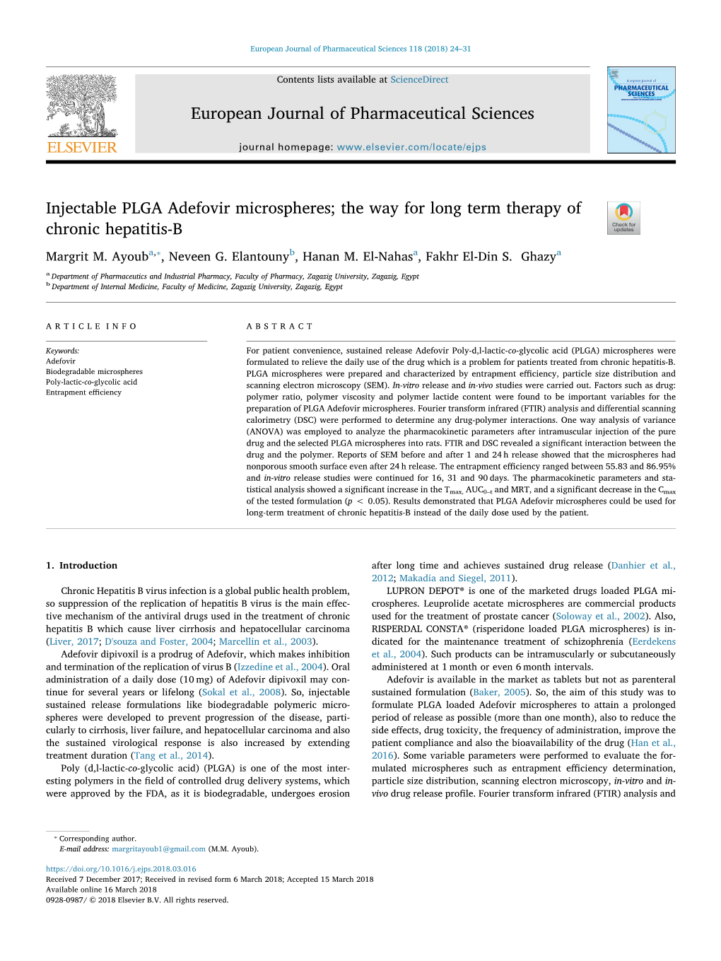 Injectable PLGA Adefovir Microspheres; the Way for Long Term Therapy of T Chronic Hepatitis-B ⁎ Margrit M