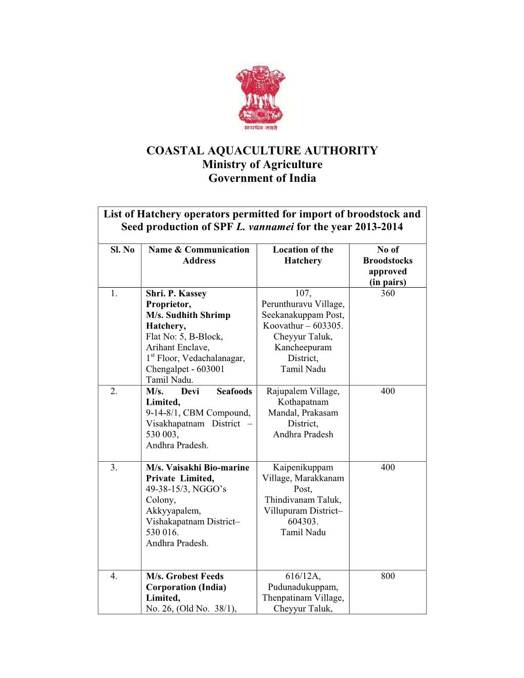 COASTAL AQUACULTURE AUTHORITY Ministry of Agriculture Government of India