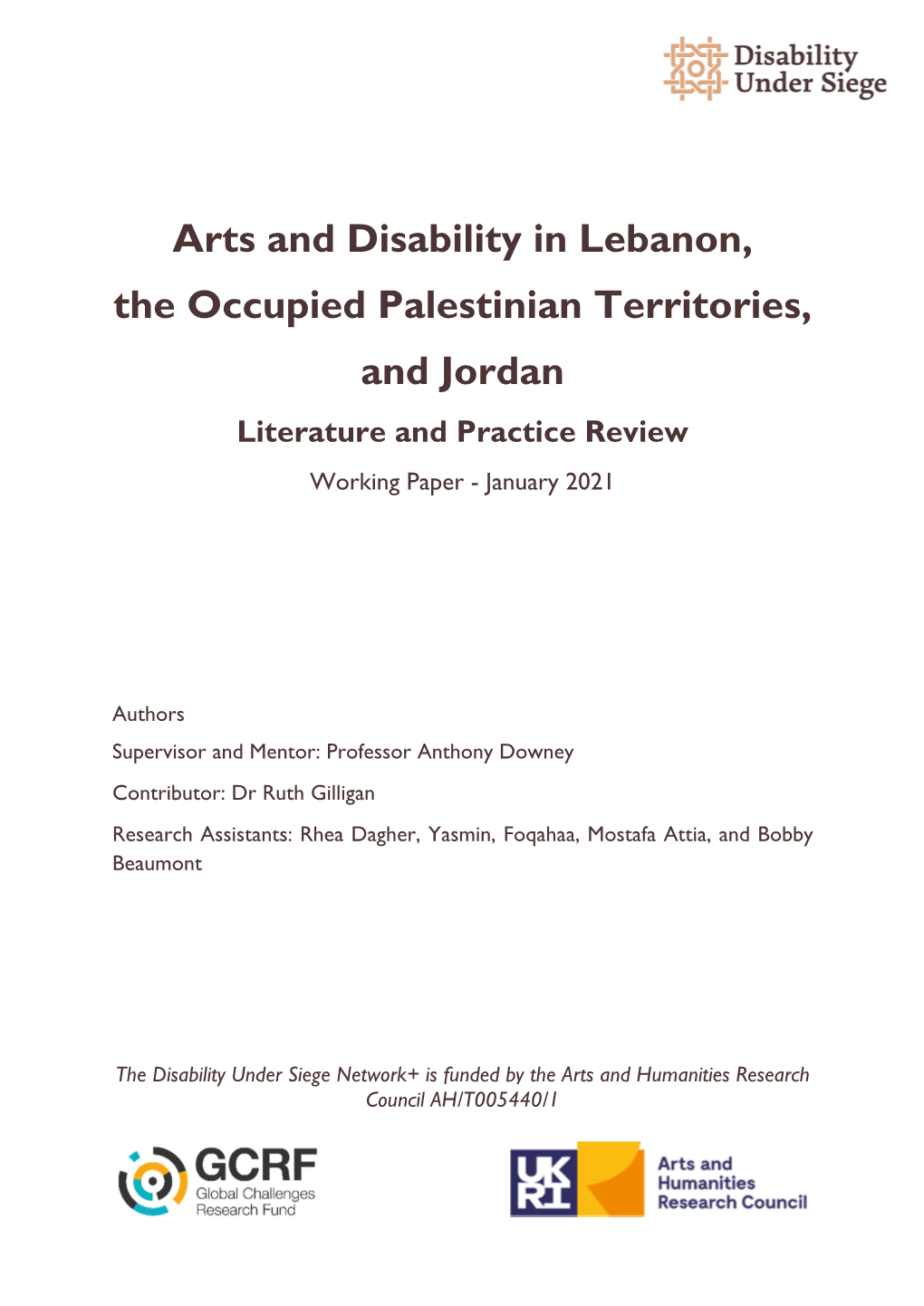 Arts and Disability in Lebanon, the Occupied Palestinian Territories, and Jordan Literature and Practice Review Working Paper - January 2021