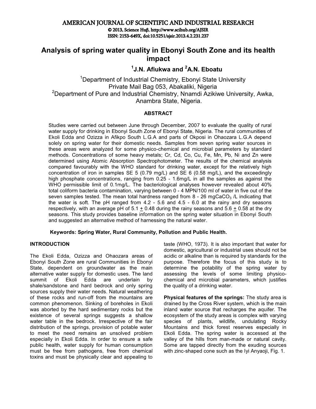 Analysis of Spring Water Quality in Ebonyi South Zone and Its Health Impact 1J.N