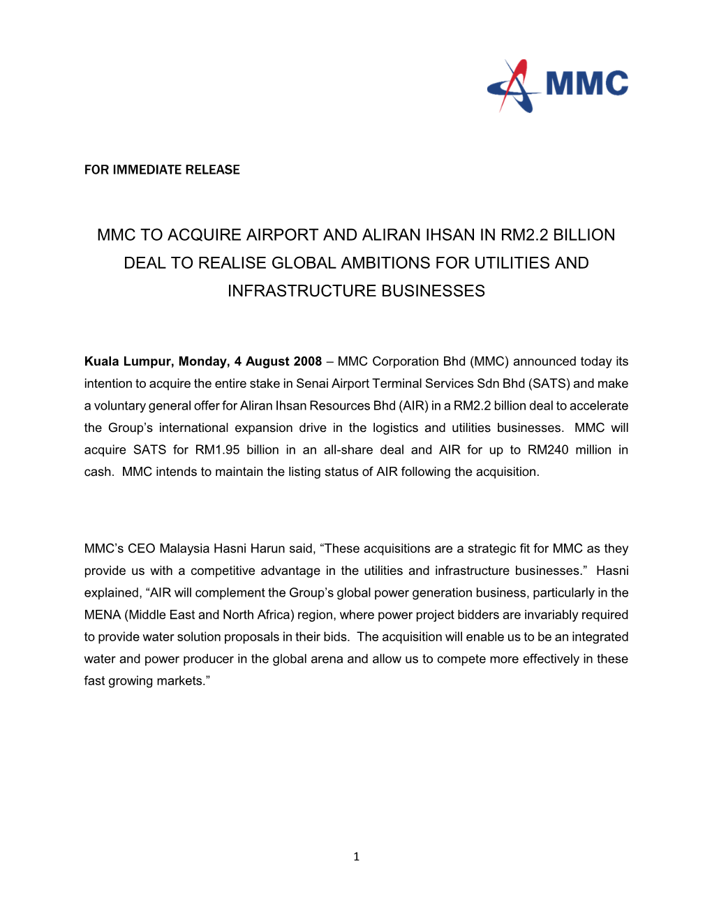 Mmc to Acquire Airport and Aliran Ihsan in Rm2.2 Billion Deal to Realise Global Ambitions for Utilities and Infrastructure Businesses