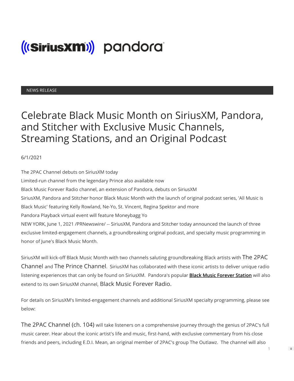 Celebrate Black Music Month on Siriusxm, Pandora, and Stitcher with Exclusive Music Channels, Streaming Stations, and an Original Podcast