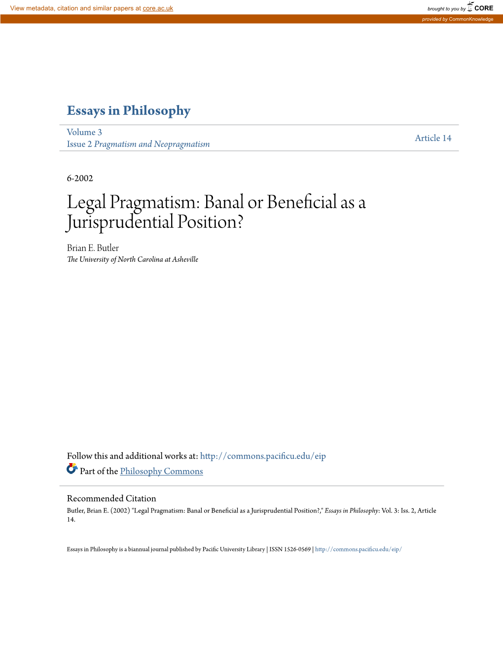 Legal Pragmatism: Banal Or Beneficial As a Jurisprudential Position? Brian E