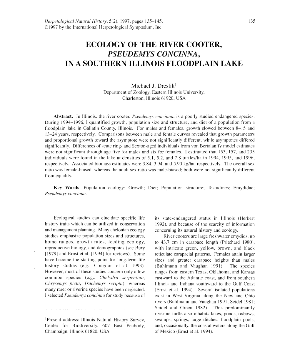 Ecology of the River Cooter, Pseudemys Concinna, in a Southern Illinois Floodplain Lake