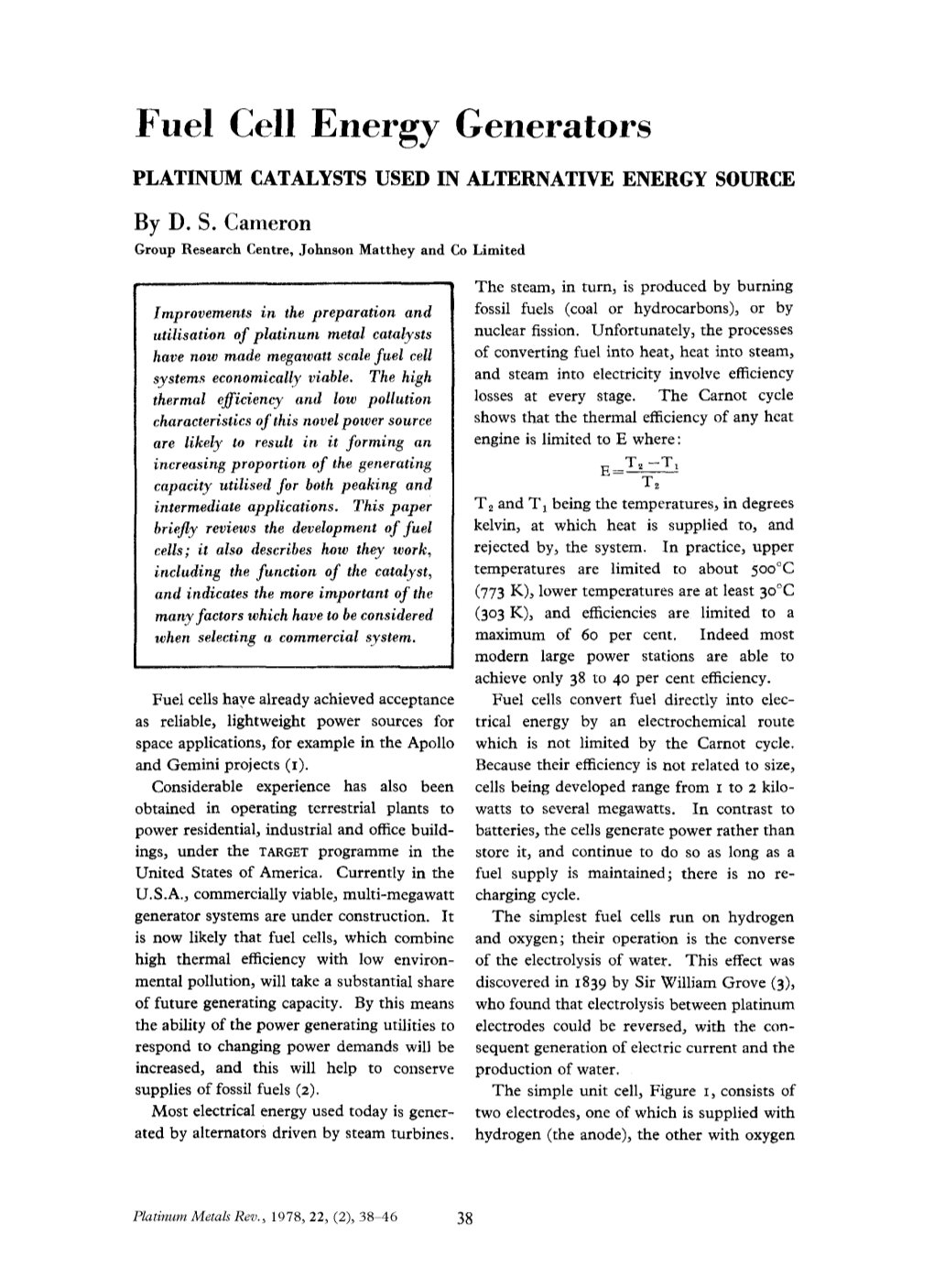 Fuel Cell Energy Generators PLATINUM CATALYSTS USED in ALTERNATIVE ENERGY SOURCE