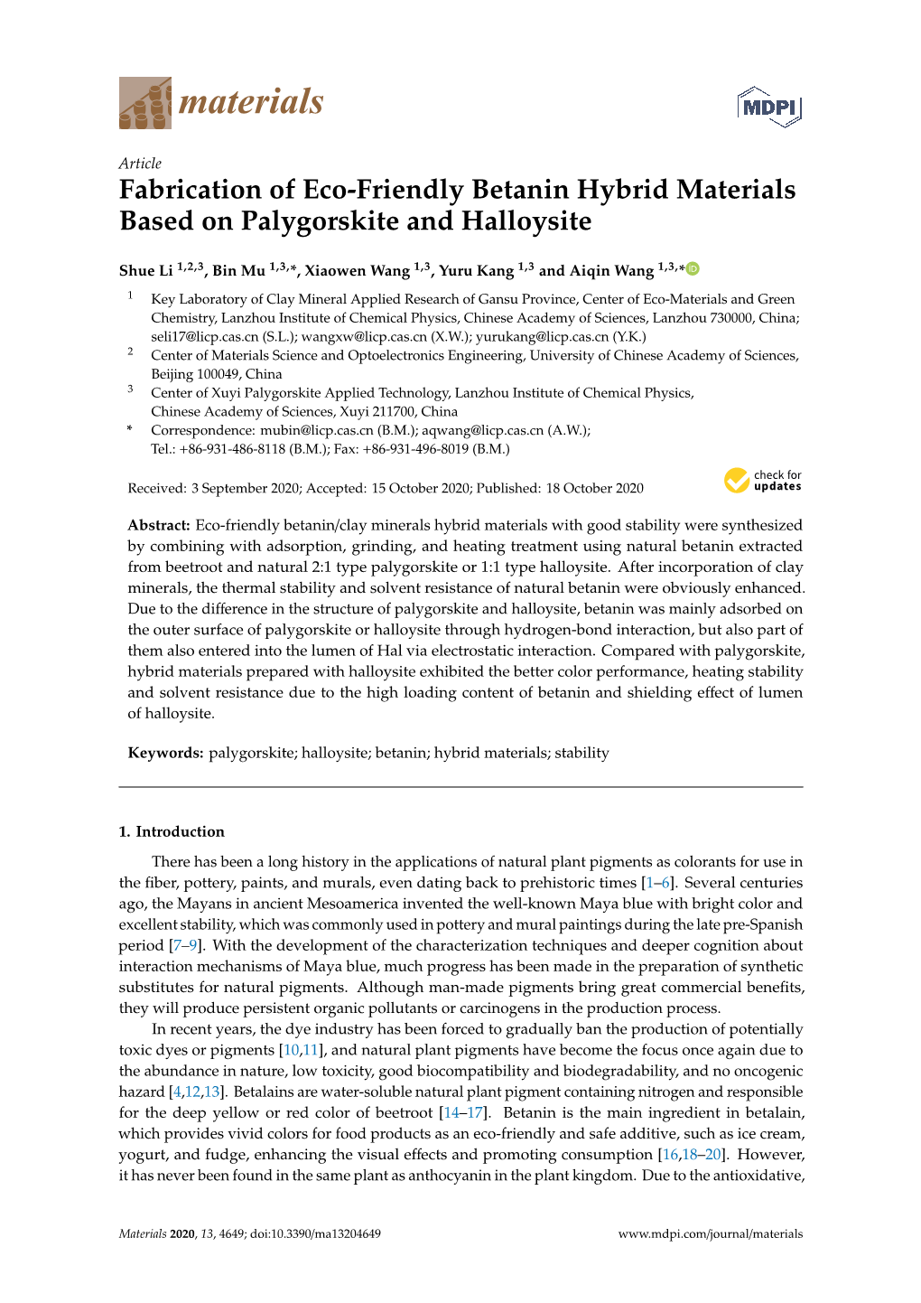 Fabrication of Eco-Friendly Betanin Hybrid Materials Based on Palygorskite and Halloysite