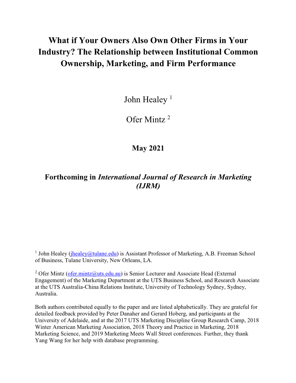 The Relationship Between Institutional Common Ownership, Marketing, and Firm Performance