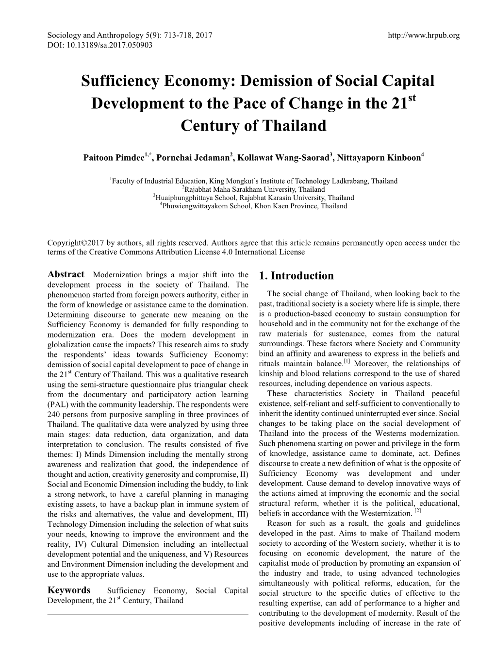 Sufficiency Economy: Demission of Social Capital Development to the Pace of Change in the 21St Century of Thailand