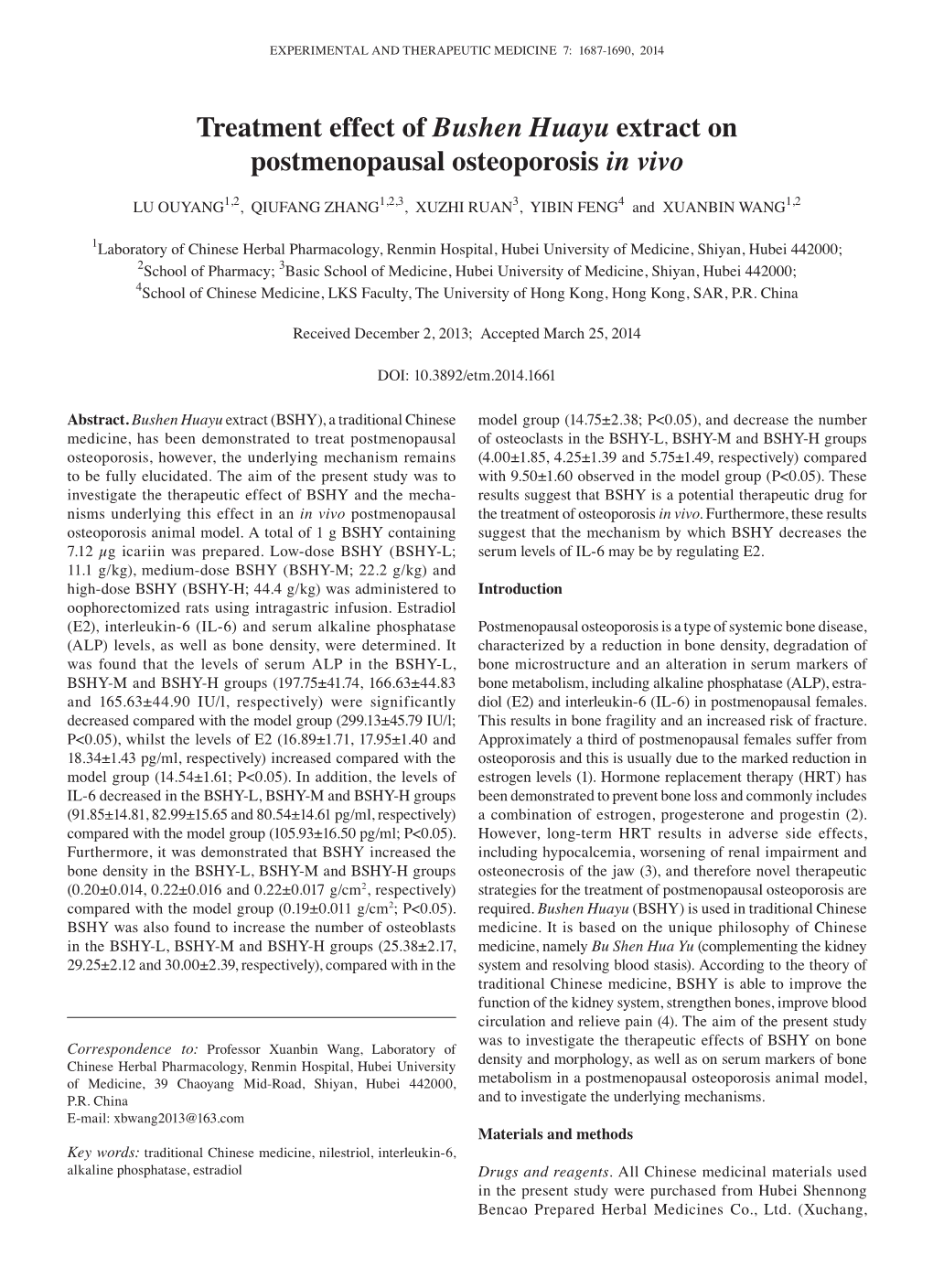 Treatment Effect of Bushen Huayu Extract on Postmenopausal Osteoporosis in Vivo