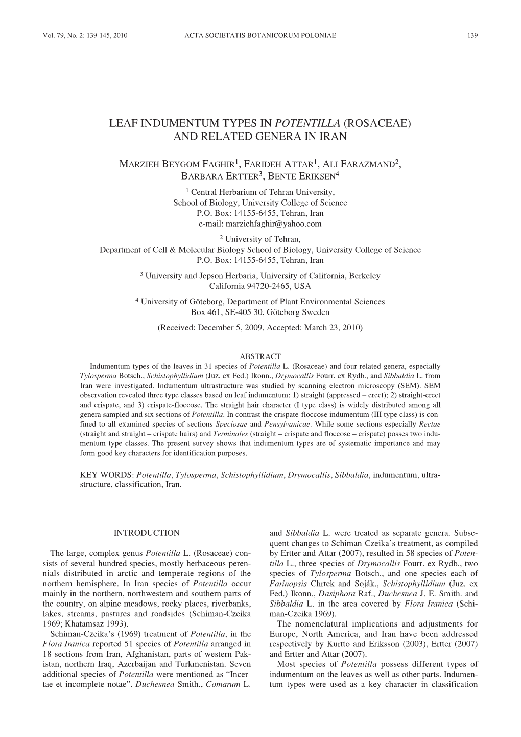 Leaf Indumentum Types in Potentilla (Rosaceae) and Related Genera in Iran