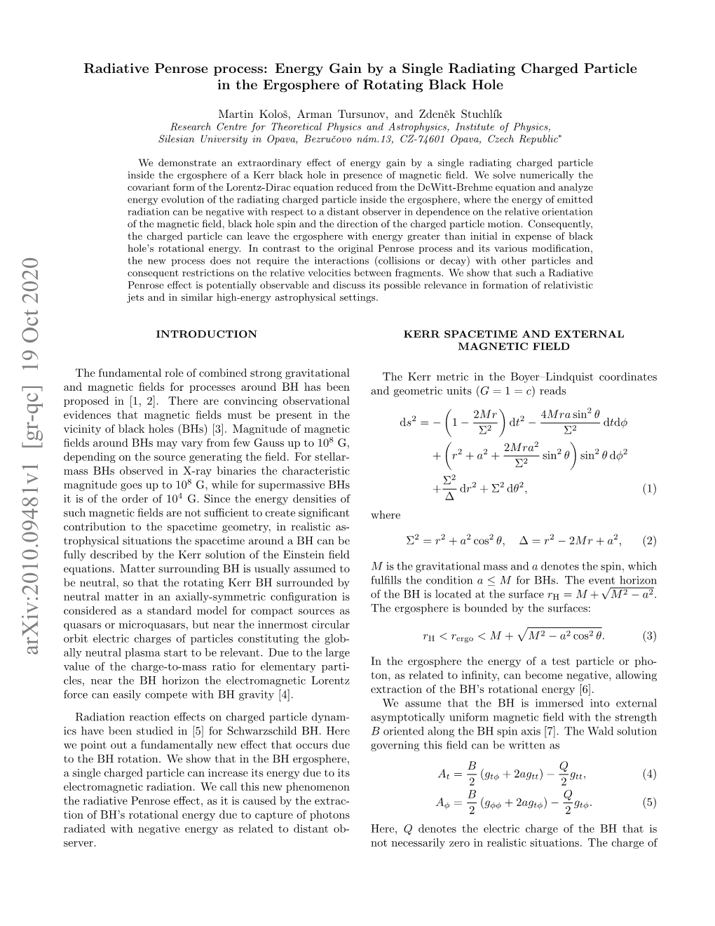 Arxiv:2010.09481V1 [Gr-Qc] 19 Oct 2020 Ally Neutral Plasma Start to Be Relevant