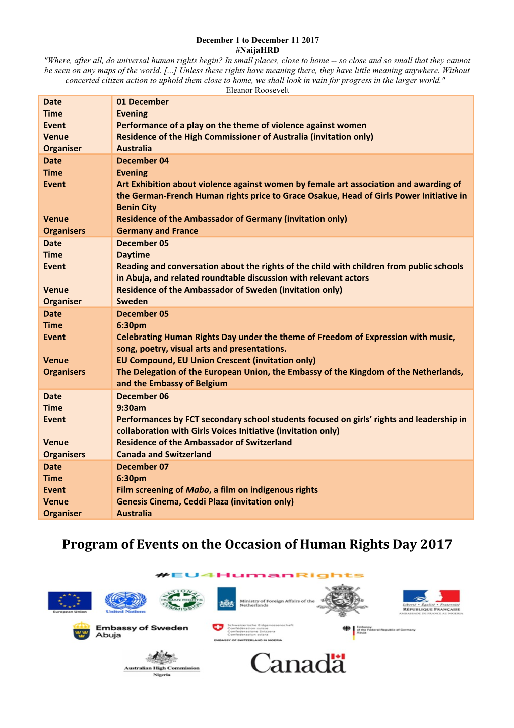 Program of Events on the Occasion of Human Rights Day 2017