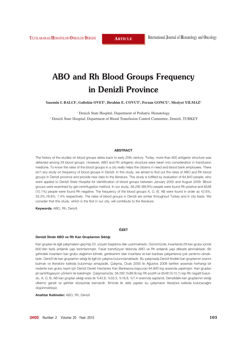 ABO and Rh Blood Groups Frequency in Denizli Province