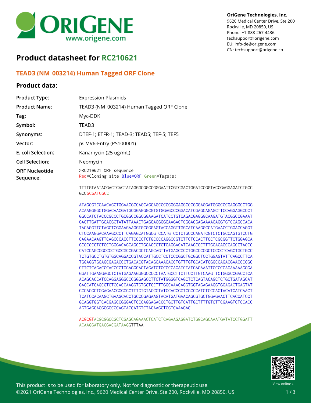 TEAD3 (NM 003214) Human Tagged ORF Clone Product Data