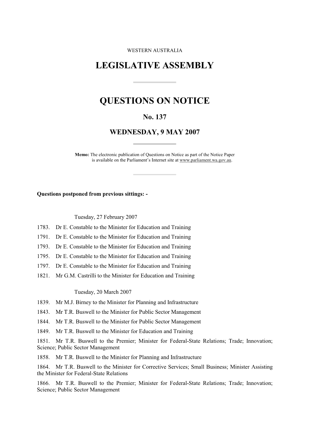 Legislative Assembly Questions on Notice