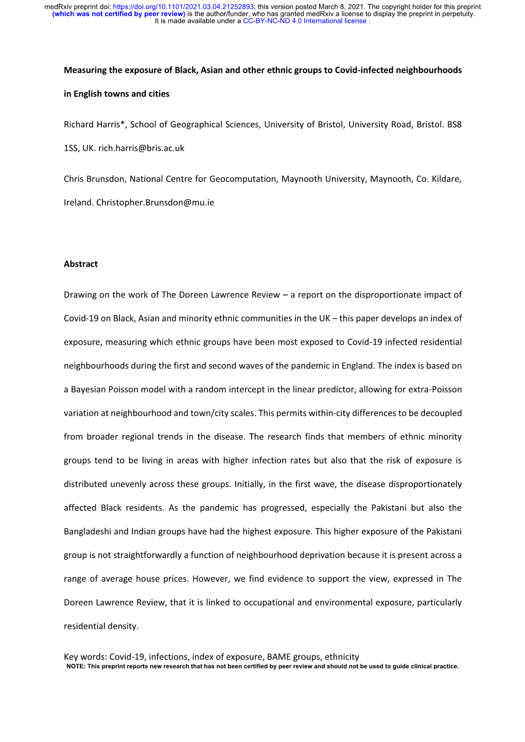 Measuring the Exposure of Black, Asian and Other Ethnic Groups to Covid-Infected Neighbourhoods in English Towns and Cities Rich