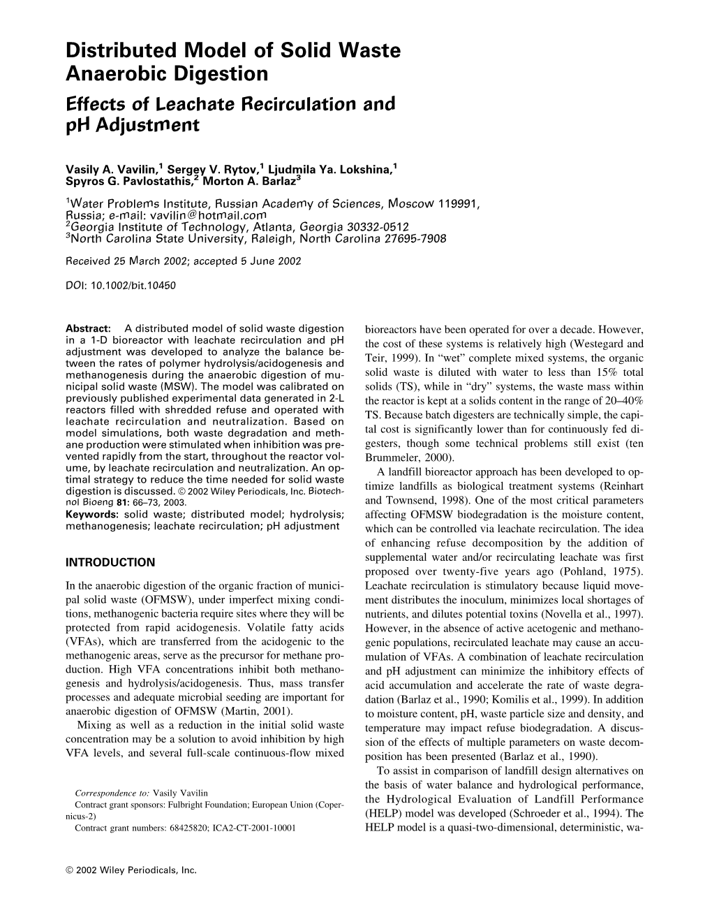 Effects of Leachate Recirculation and Ph Adjustment