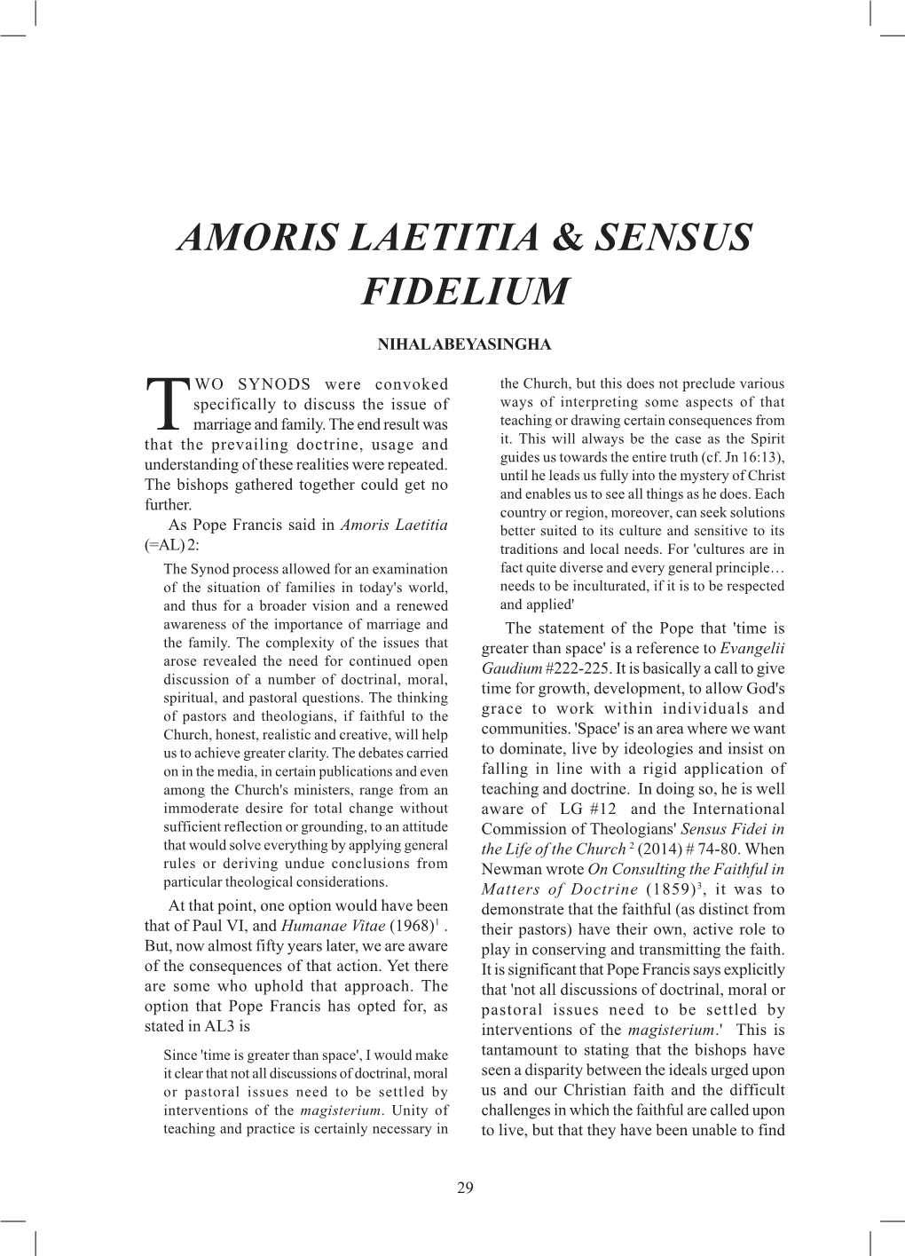 Amoris Laetitia & Sensus Fidelium