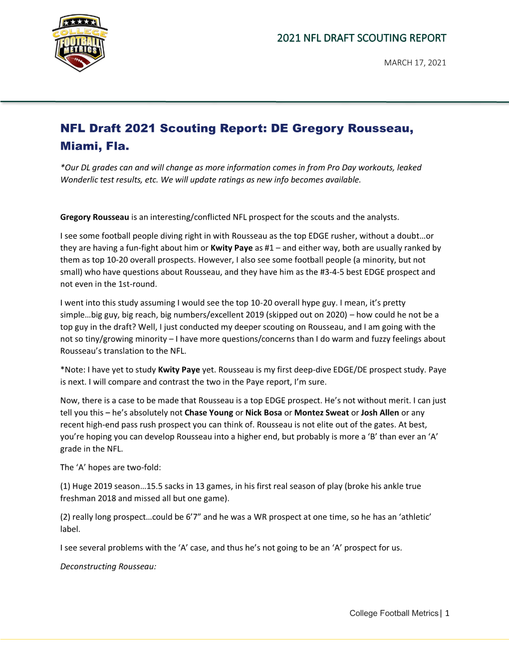 NFL Draft 2021 Scouting Report: DE Gregory Rousseau, Miami, Fla