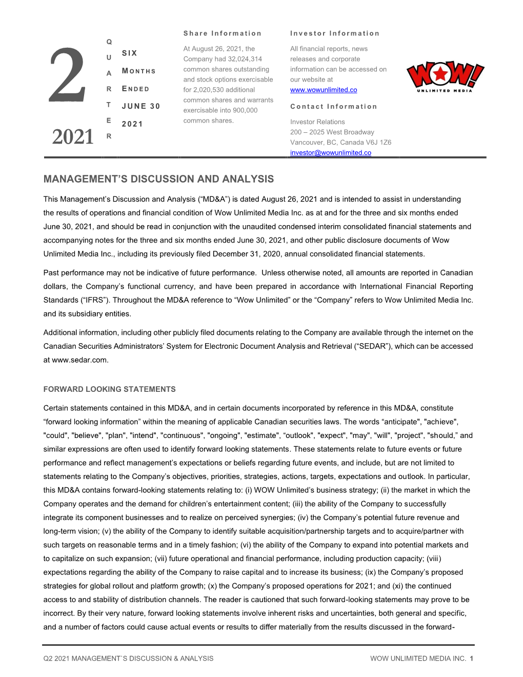 Q2 2021 Management's Discussion & Analysis