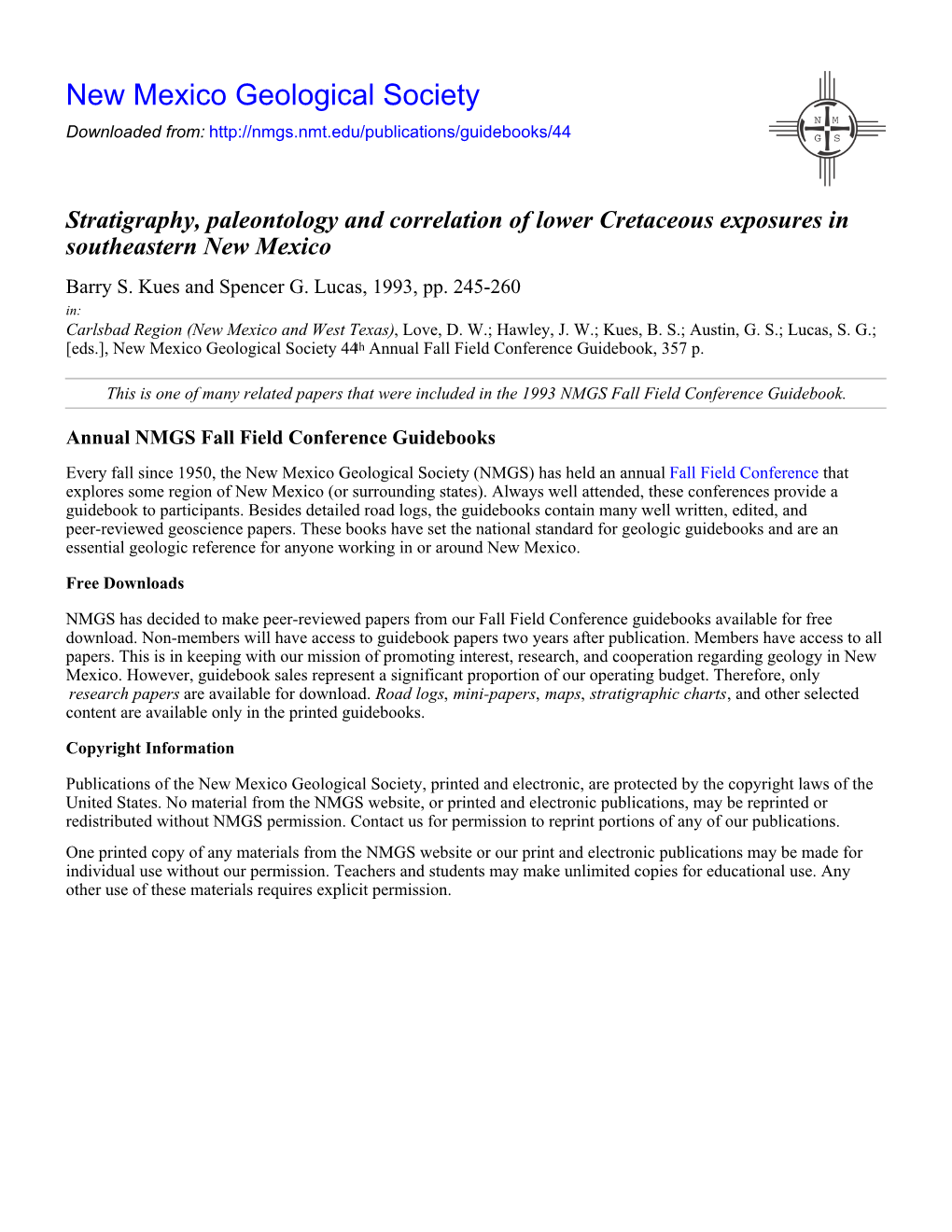 Stratigraphy, Paleontology and Correlation of Lower Cretaceous Exposures in Southeastern New Mexico Barry S