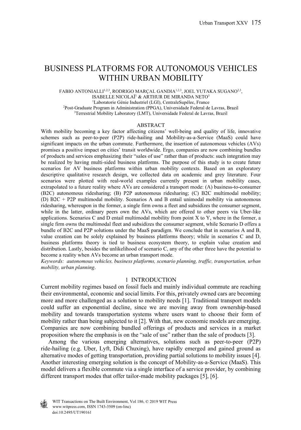 Business Platforms for Autonomous Vehicles Within Urban Mobility